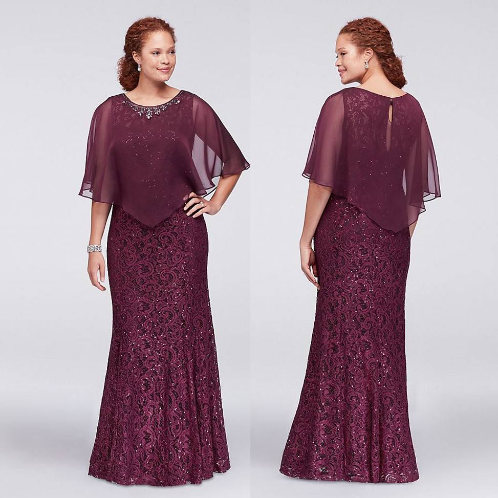 

Burgundy Plus Size Lace Formal Dresses With Wrap Beaded Jewel Neck Mermaid Evening Gowns Cheap Floor Length Prom Dress, Purple