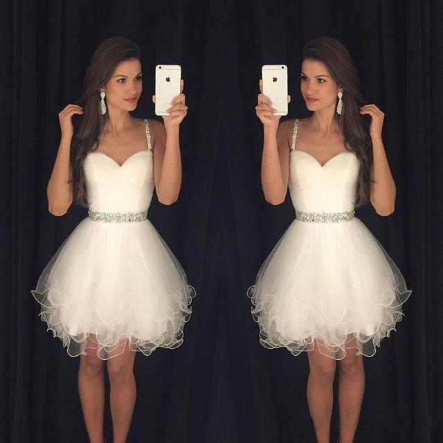 

2019 Little White Homecoming Dresses Spaghetti Straps With Beads Tulle Cocktail Dresses Formal Party Dresses Prom Gowns For Women, Blue;pink
