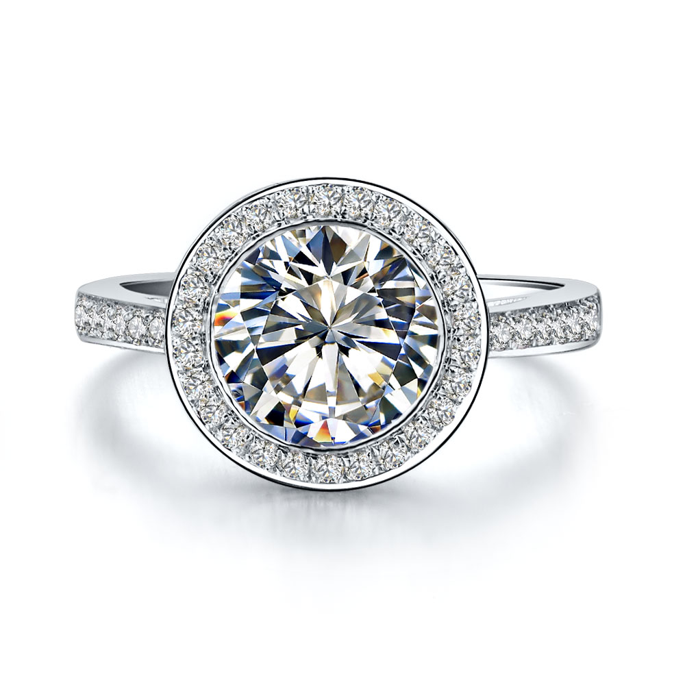 9.0mm Excellent Round Hearts and Arrows SONA Diamond Ring for Women Engagement Halo Style Jewelry Sterling Silver in 18K White Gold Plated-image-389833592