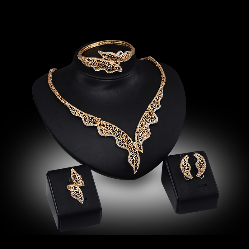 

Bangles Necklaces Rings Earrings Jewelry Sets Luxury Royal Rhinestone 18K Gold Plated Hollow Out Leaves Party Jewelry 4-Piece Set JS053