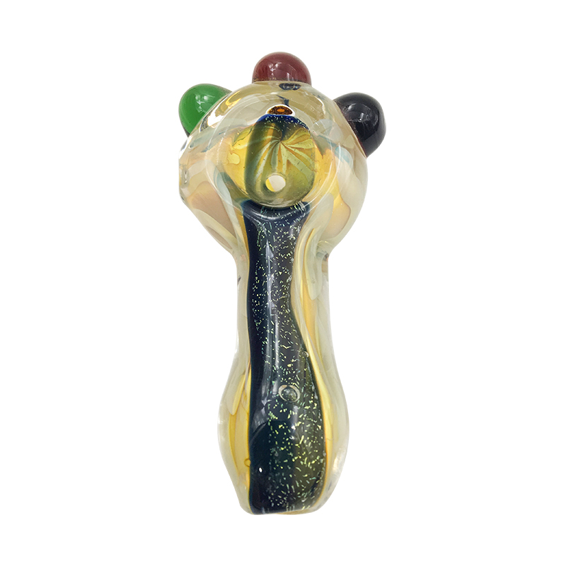 

Mix Color Fumed Glass Spoon Pipe with Aqua Blue Sparkle Sripes with 3 Colored Marbles for Tobacco Smoking