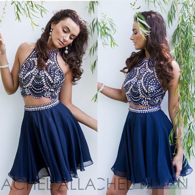Dark Navy Two Pieces Beaded Homecoming Dresses Halter Sleeveless Backless Mini Length Cocktail Dress Chiffon Prom Party Gowns