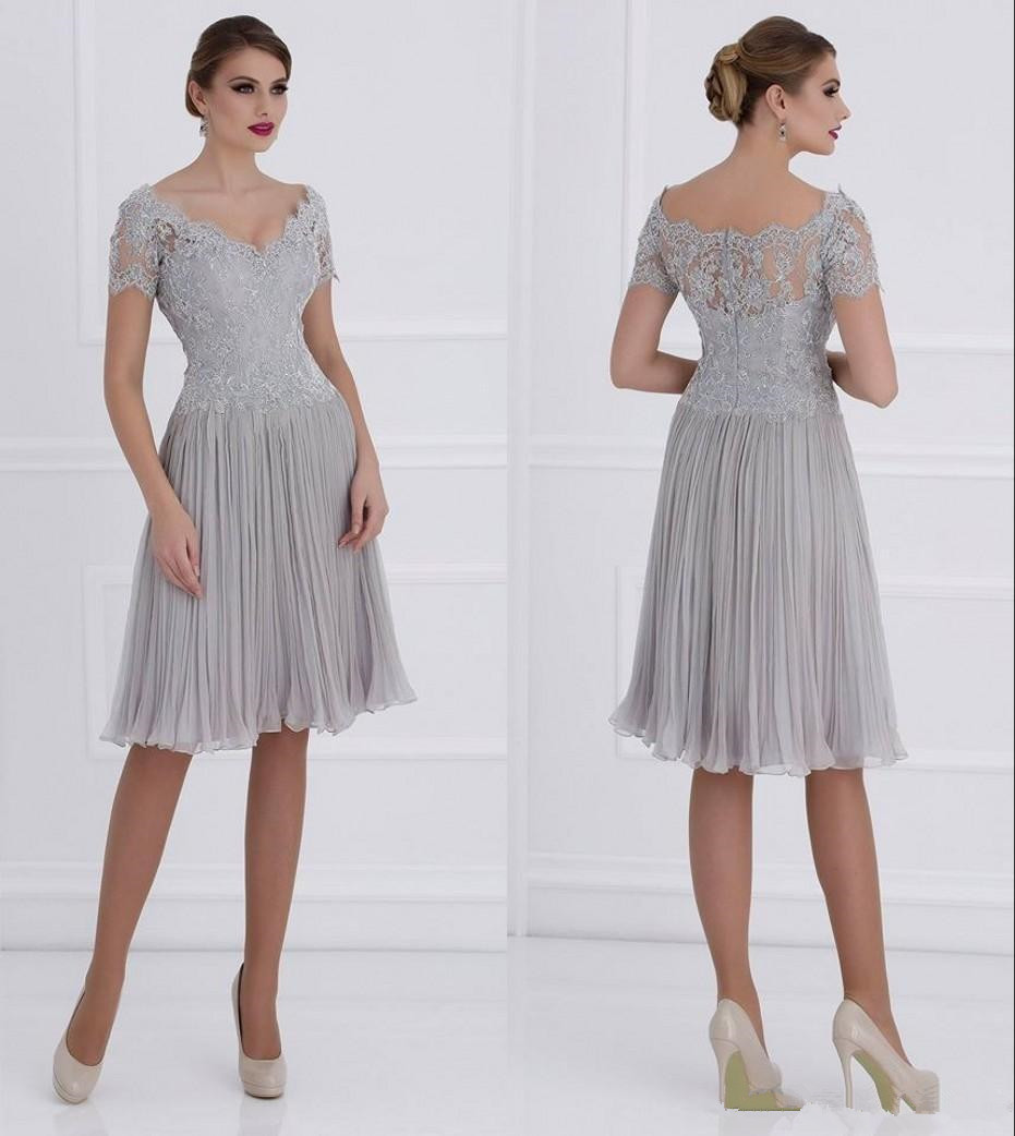 

New Design Short Silver Mother of the Bride Dress Short Sleeve V Neck Lace Chiffon Knee Length Women Party Gowns Custom