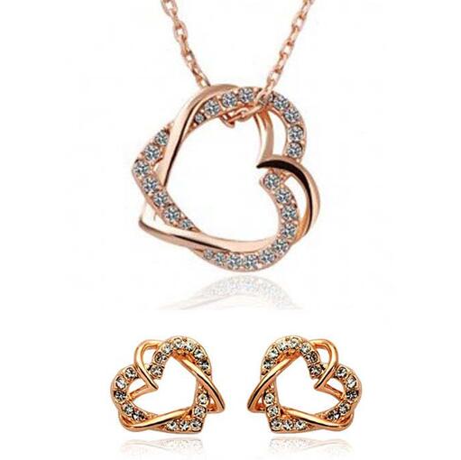 

Double Heart Design Crystal Necklace and Earring Sets Material Diamond Heart Pendant Necklace Stud Earrings Jewelry Set