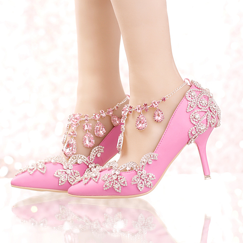 

New Designer Pointed Toe Rhinestone Wedding Shoes Crystal Tassel Ankle Strap Banquet Formal Dress Shoes Luxury Women Prom Pumps, Red