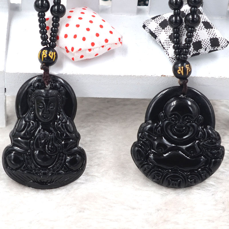

Natural Obsidian Scrub Pendant Necklace Black Guanyin Head Glass Pendants Beaded Necklaces Transhipped Buddha Head Good Quality Wholesale