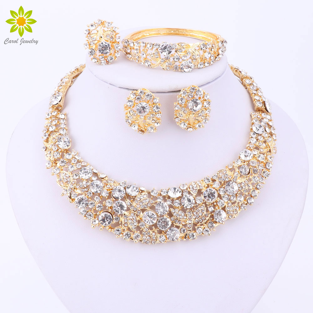 Nigerian Wedding African Beads Jewelry Sets Crystal Necklace Sets Gold Plated Jewelry Set Wedding Accessories Party