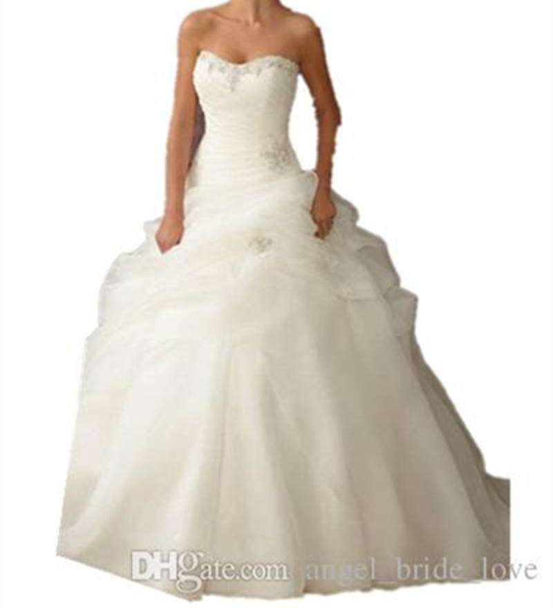 

2018 Hot Sale In Stock Sexy Strapless A-Line Beads Lace Up Organza Sweep New Arrival Wedding Dresses Vestido De Noiva Size 2-16 WD01, Ivory