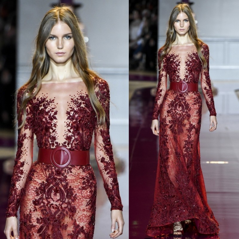 

Zuhair Murad Long Sleeves Evening Dresses Bateau Appliques Lace Sequins Celebrity Gowns Floor Length Evening Party Wear, Blue