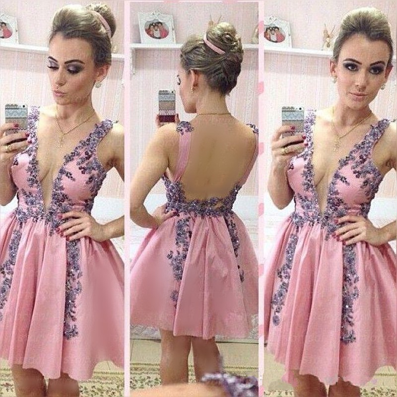 

Sexy Deep V Neck Homecoming Dresses Pink Satin Applique Beads Open Back Short Party Dresses Knee Length Prom Cocktail Dresses, Black