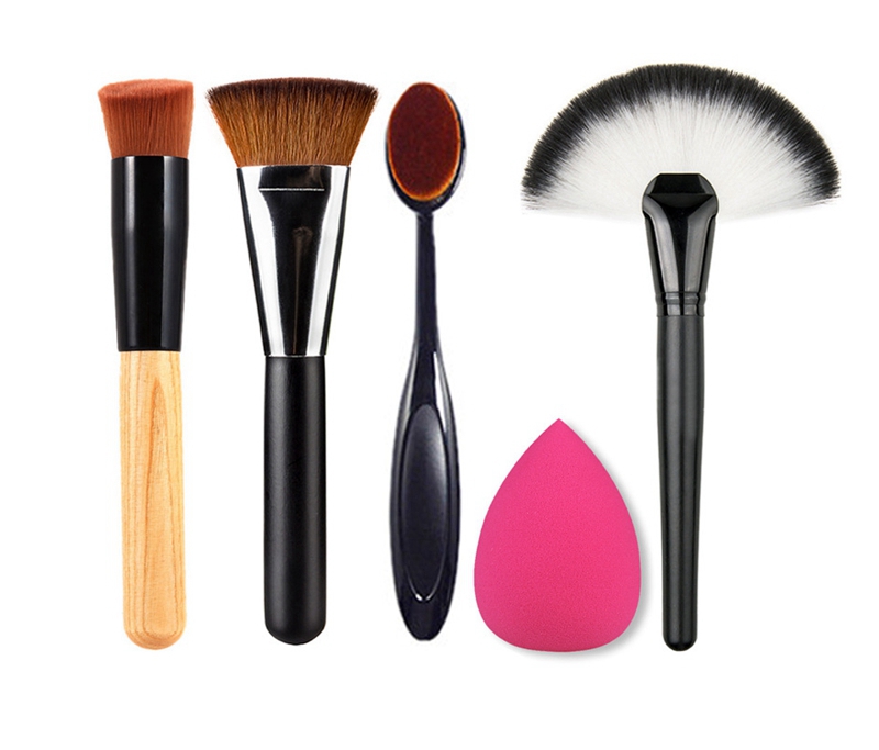 

5 pcs cosmetic brush set, Ashtree oblique head brush + toothbrush brush +163 Black Silver Brown Brush + fan + puff DHL free shipping