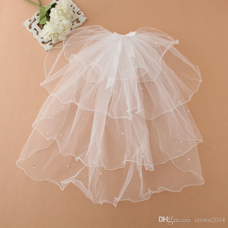 

Three Layered White Pageant Veils For Little Girls Flower Girl Veil For Weddings Cute Beaded Princess With Bow Prom