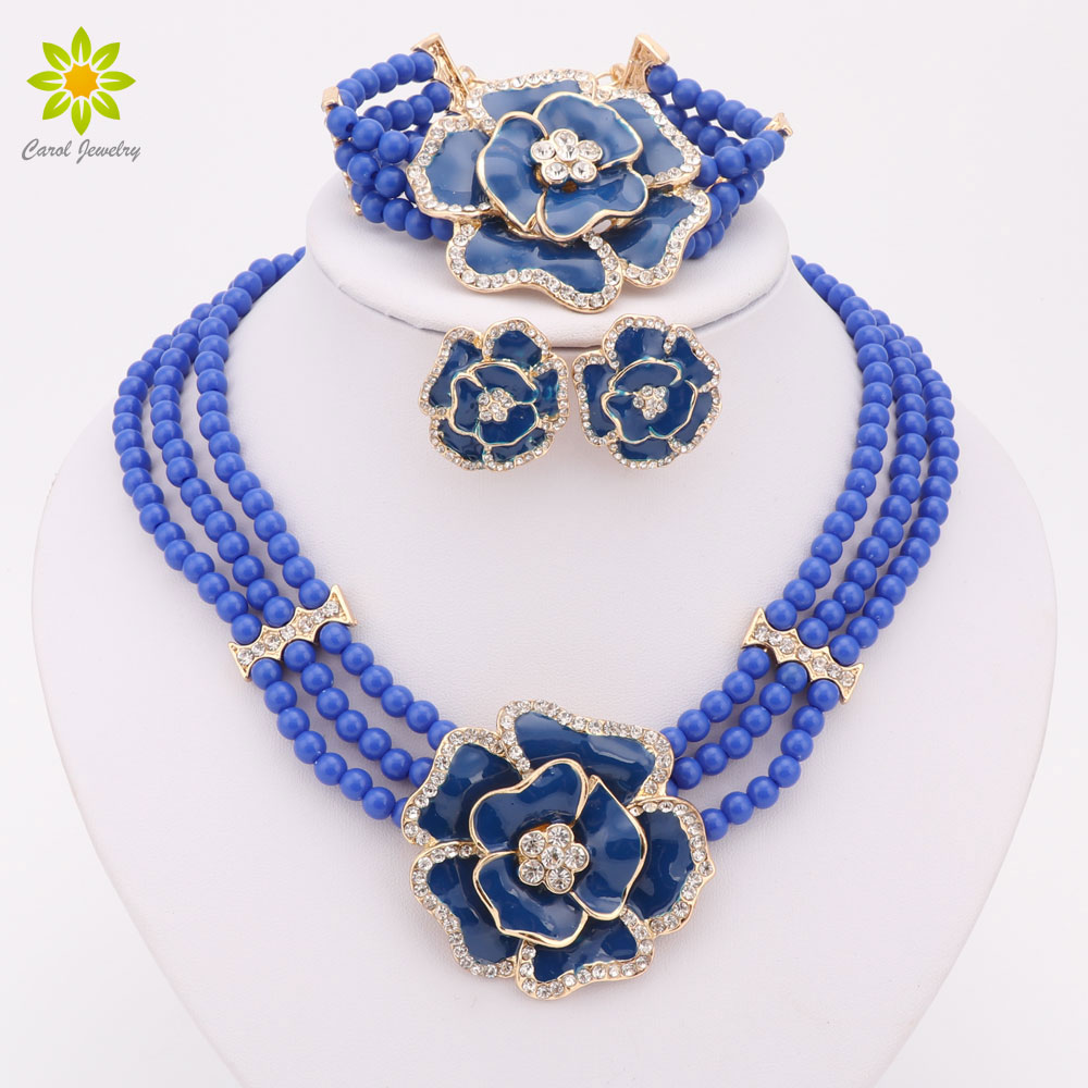 

African Bead Jewelry Sets Gold Plated Jewelry Big Flower Crystal Jewelry Sets Women Fashion Necklace Bracelet Earrings Sets