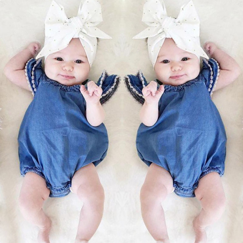 

baby girls romper with Lace bubble sleeve denim infant one-piece jumpsuit toddler kids clothing top quality, Blue