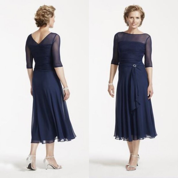 

Tea Length Mother Bride Dresses Sleeves Dark Navy Chiffon Sheer Bateau Neck Half Sleeves Ruched Short Mother's Gowns Custom Made