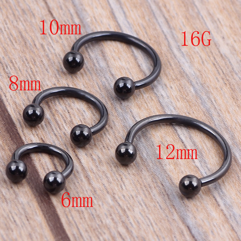 

100pcs 1.2*6/8/10/12*3m Titanium Anodized Stainless Steel Black Circular Barbell Septum Piercing Balls Horseshoe Lip Nose Ring