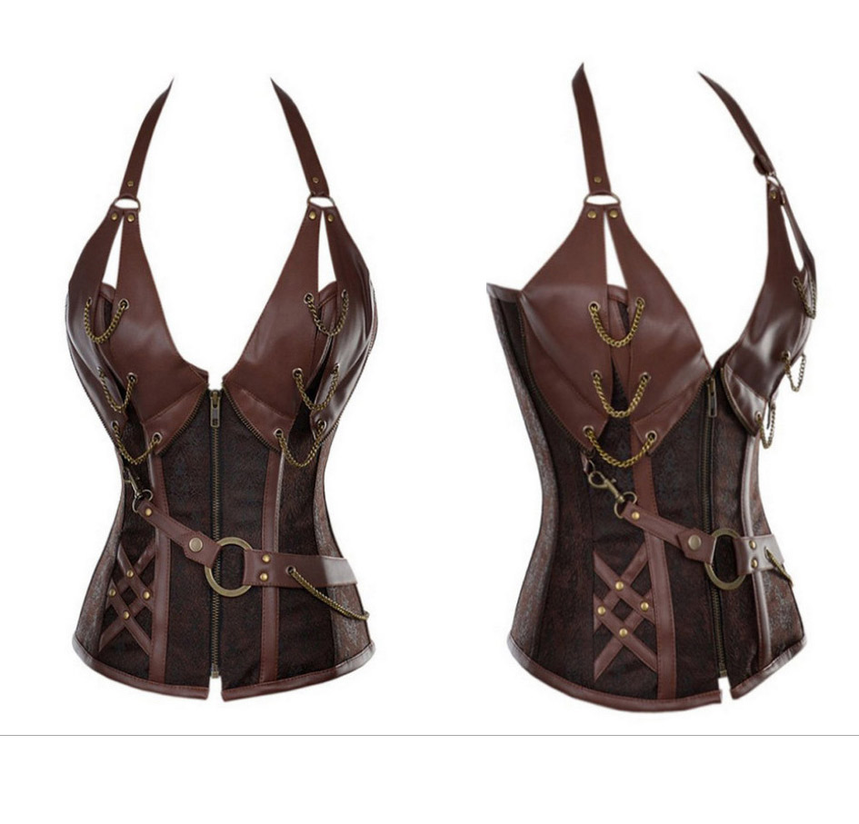 Wholesale-Plus size Women's Brown Fashion Halter PU Chained Leather Splicing with belt Corset sexy club wear for women leather clothing