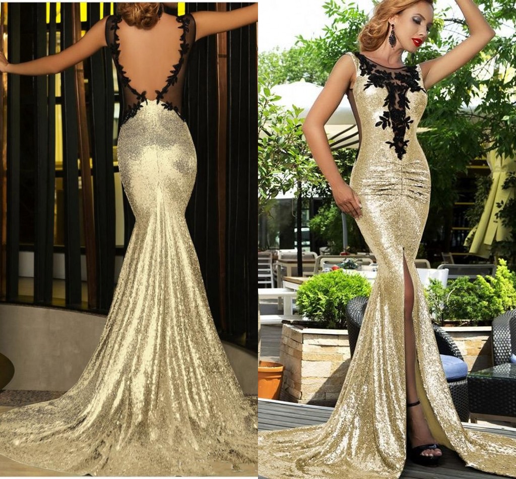 

2016 Gold Sequins Mermaid Evening Dresses with Pluning Neck Sweep Train Black Applique Vestidos de Festa backless Formal party Prom Dresses, Pink