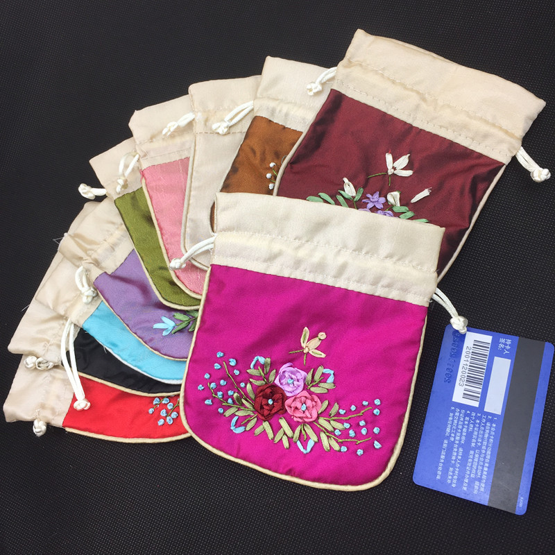 

Handmade Ribbon Embroidery Small Cloth Bag Drawstring Satin Jewelry Gift Pouches Bracelet Packaging Trinket Storage Pocket 50pcs/lot