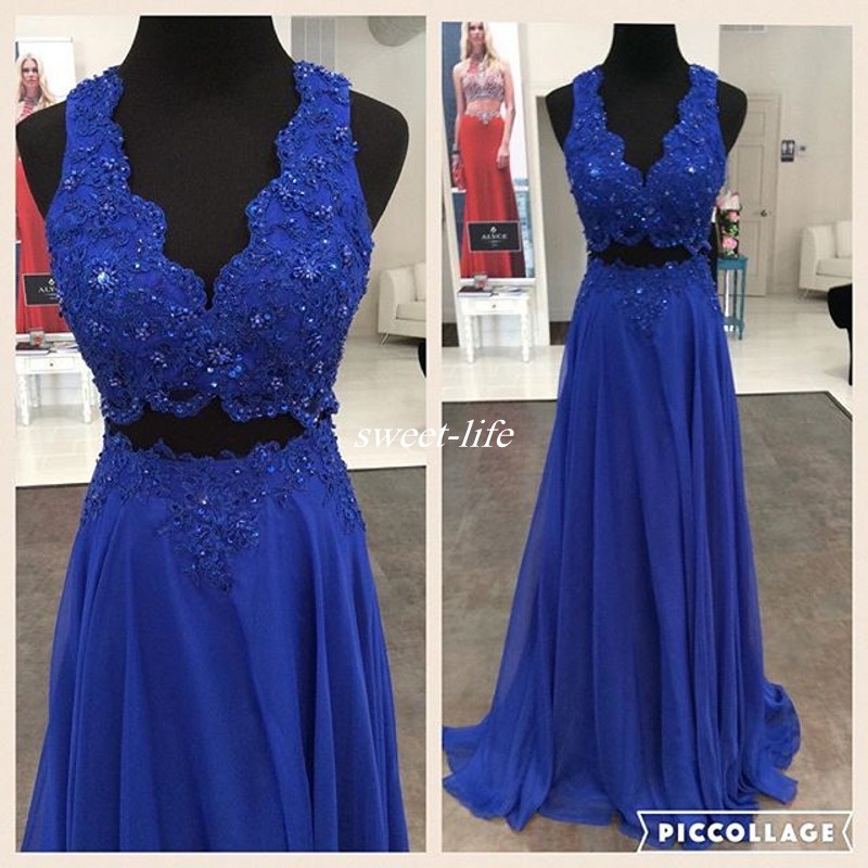 Bleu royal robes de bal deux pièces col v appliqued perles dentelle sans manches longue occasion spéciale robe de soirée robes de soirée 2019