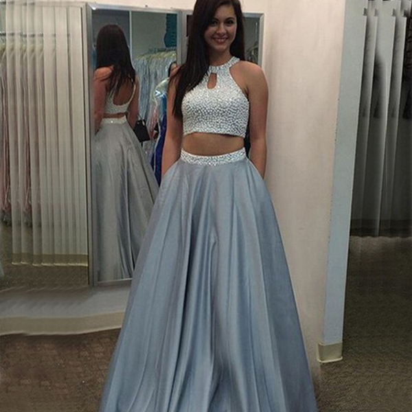 

New Fashion Two Pieces Prom Dresses Beaded Crop Top Halter Neckline Sleeveless Open Back Silver Evening Party Gowns with Pocket, Royal blue