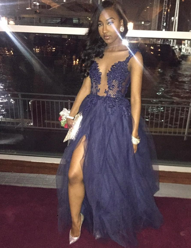 

Navy Blue A-Line Scoop Black Girls Prom Dresses Illusion Lace Appliques High Leg Slit Sexy Night Party Dresses Backless Graduation Dresses, Dark red