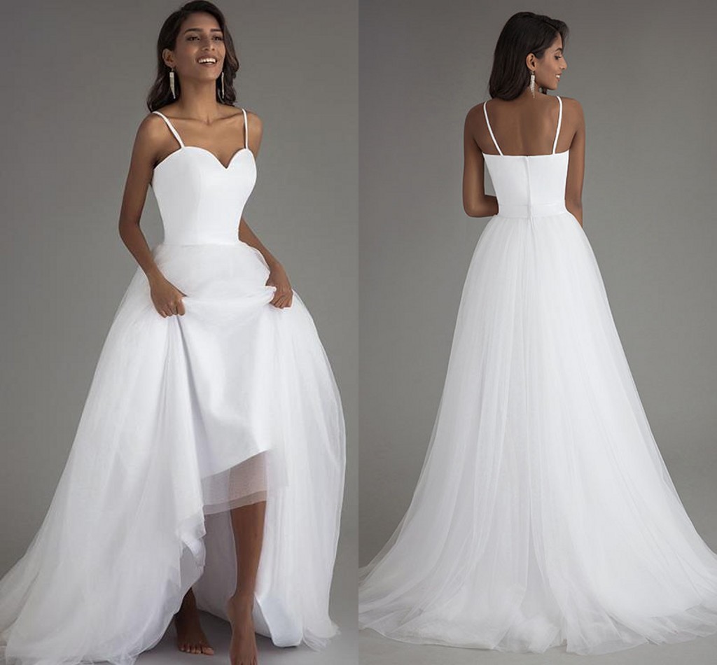 

Spaghetti Strap Simple Beach Wedding Dress Vestido Noiva Praia White Tulle Casamento Sashes A-line Bridal Gown Custom Made