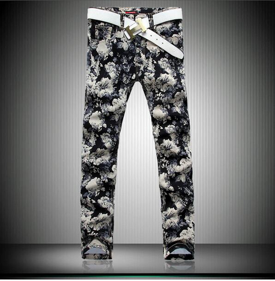 Hommes au printemps et en automne loisirs nouvelle marque de mode pur coton élastique denim impression pantalon droit / 28-38