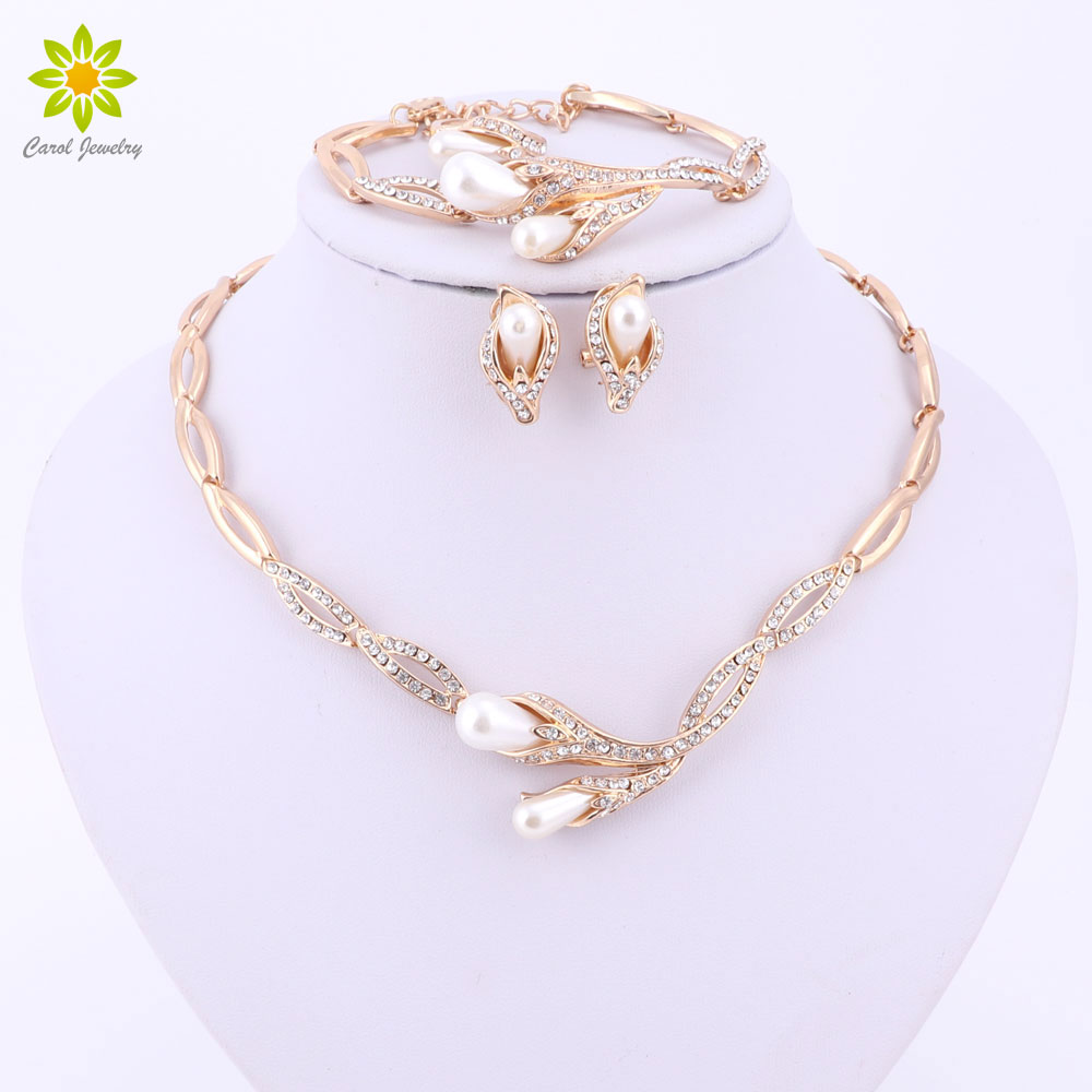 

Fine Bridal Simulated Pearl Jewelry Sets For Women Gold Plated Wedding Accessories Crystal Necklace Earrings Bracelet Ring Set