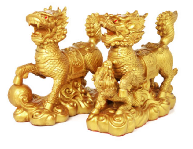 

Lucky Blessed Consecrating Fengshui Qi Lin Decoration Sculpture Qilin Statue Blessed Feng Shui Kylin One Pair Gold Color R0101002