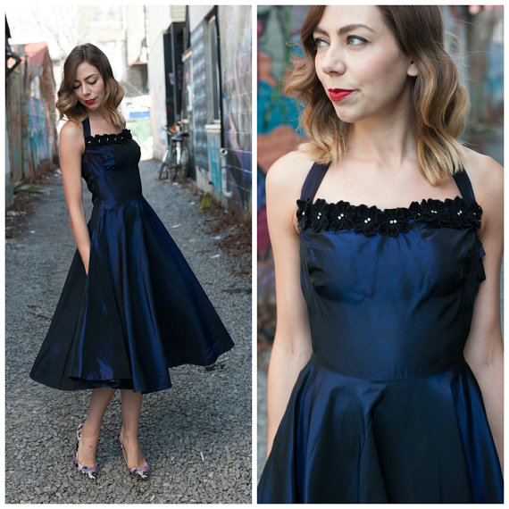 

Navy Blue Tea Length Evening Dresses 2016 A Line Halter taffeta handmade flower 1905's Style vintage Formal Prom Party Dresses, Grape