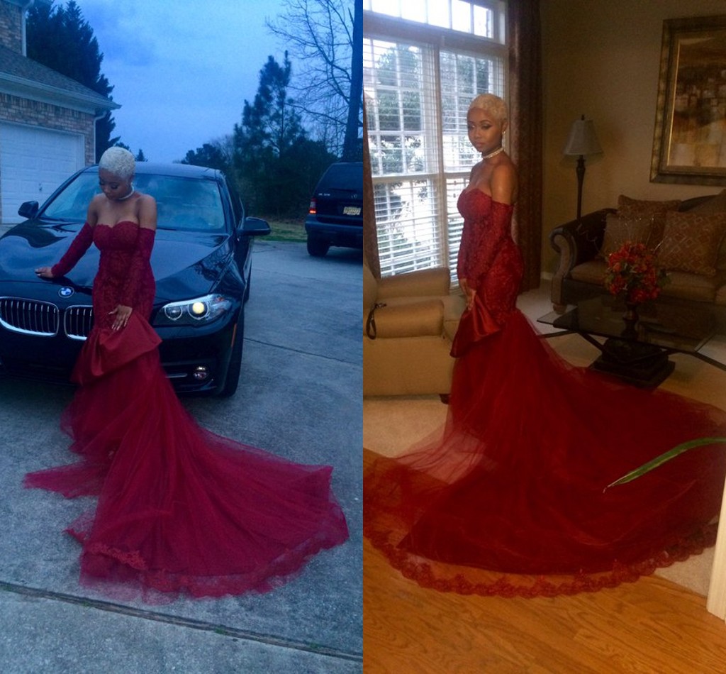 Black Girl Prom 2021 Off-Shoulder Long Sleeve Burgundy Appliques Lace Long Trail Mermaid Evening Dresses Wear Formal Cocktail Party Dress-image-379532409