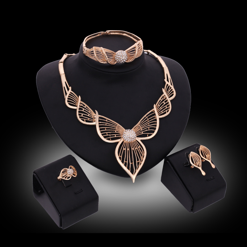 fashion jewelry sets 2016 Elegant Rhinestone Bride Wedding Jewelry Set 18K Gold Plated Hollow Out Leaves Party Jewelry 4-piece Set JS089