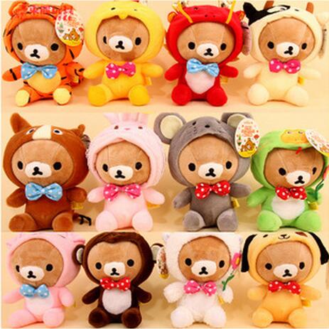 

Wholesale-Free Shipping 12pcs/lot New Rilakkuma Dolls Wearing Zodiac Mascot Costumes,Lovely Plush Toy Stuffed Animal Dolls with Sucker, 1lot=1set=12pcs