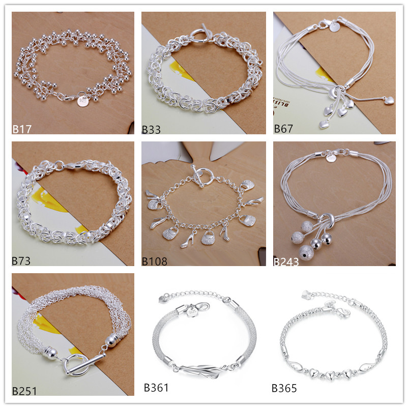 

Fashion women's 925 silver plate Bracelet 8 pieces a lot mixed style, heart ball feather sterling silver plated Charm Bracelets DFMB3