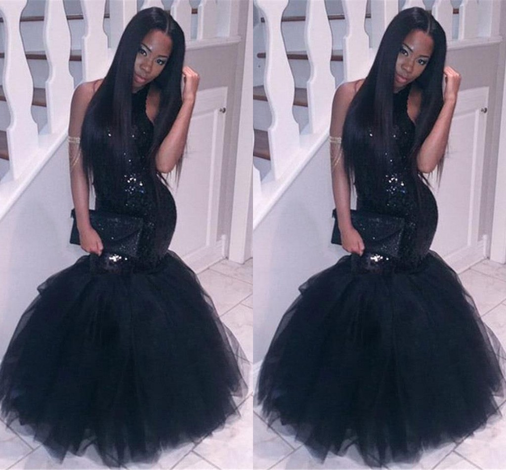 Sexy Black Girl Mermaid Prom Dresses Halter Sequined Backless Tulle Floor Length Plus Size Formal Evening Gown Arabic Pageant BA2839