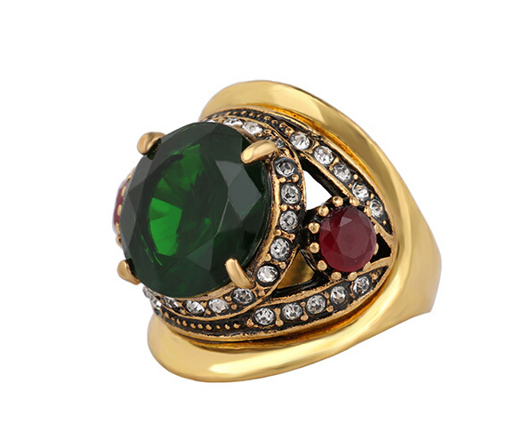 New Arrival Fashion Rings Blue Green Stones Big Gemstone Luxury Jewelry Ancient 18k Gold Plated Wedding Rings For Women