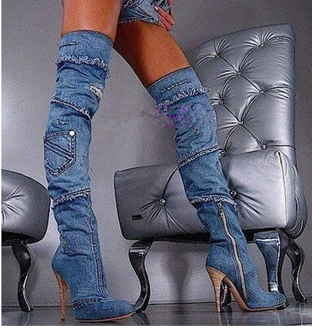 

new stiletto heel fashion boots pointed toe zip spike high heels winter denim boots women shoes thighhigh boots botas, Blue