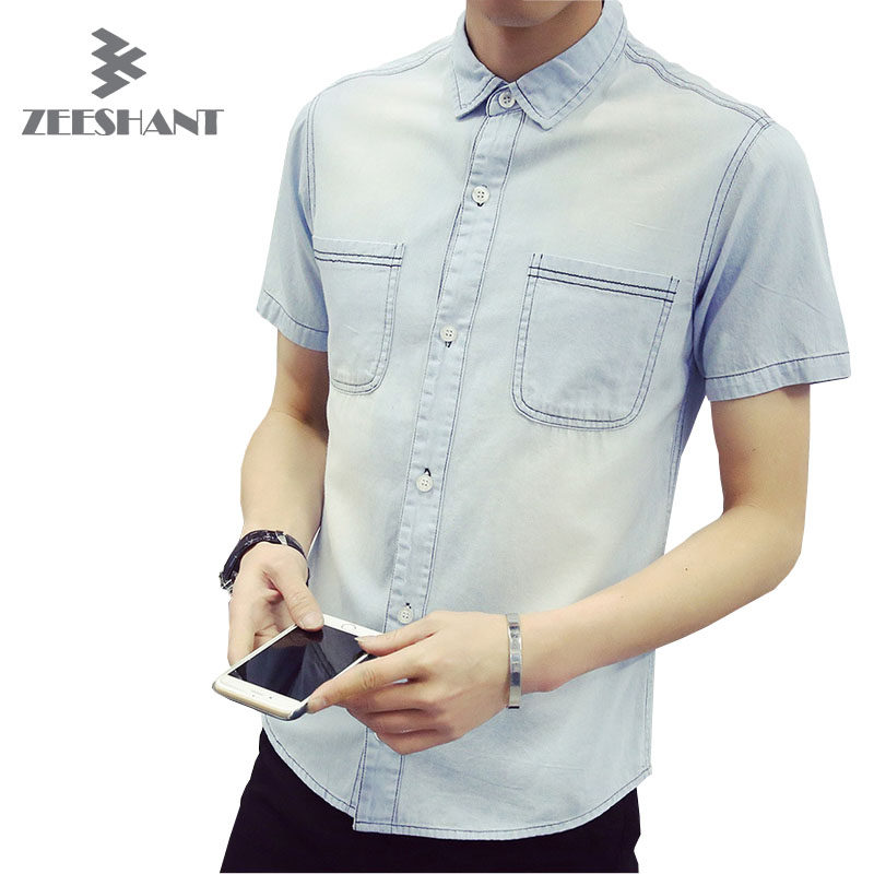 

Wholesale-Men Summer Denim Shirt Casual Turn-down Collar Chemise Homme Short Sleeve Jeans Shirts Brand Male Denim Shirt Camisa Masculina, Dark blue8257