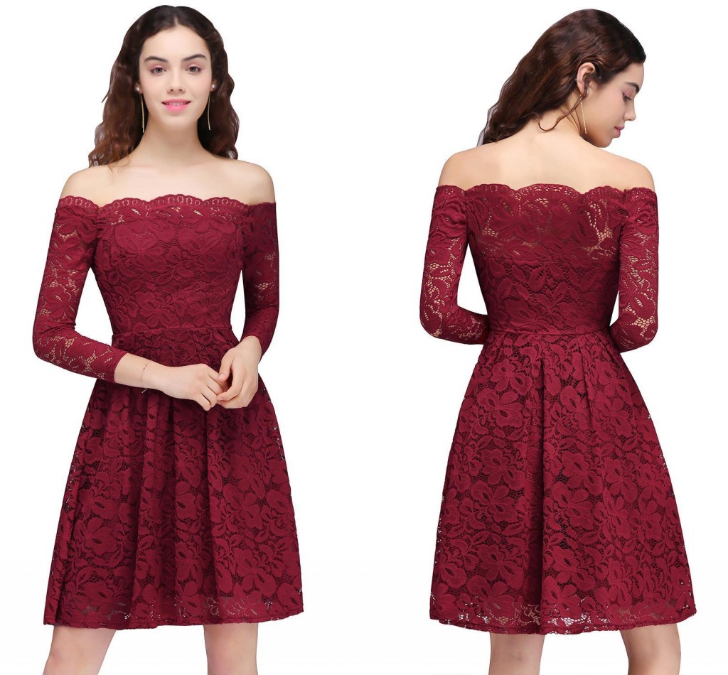 

2018 New Design Lace Burgundy Party Homecoming Dresses Vintage Off Shoulders Long Sleeves Knee Length Cocktail Homecoming Dresses CPS694, Same as picture