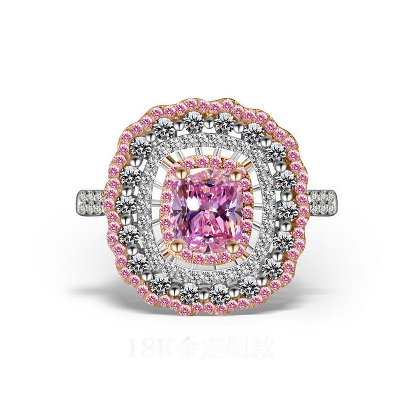 

Top Selling Luxury Jewelry Handmade 18K White Gold Filled Cushion Shape Pink Sapphire CZ Diamond Gemstones Women Wedding Crown Band Ring, Silver