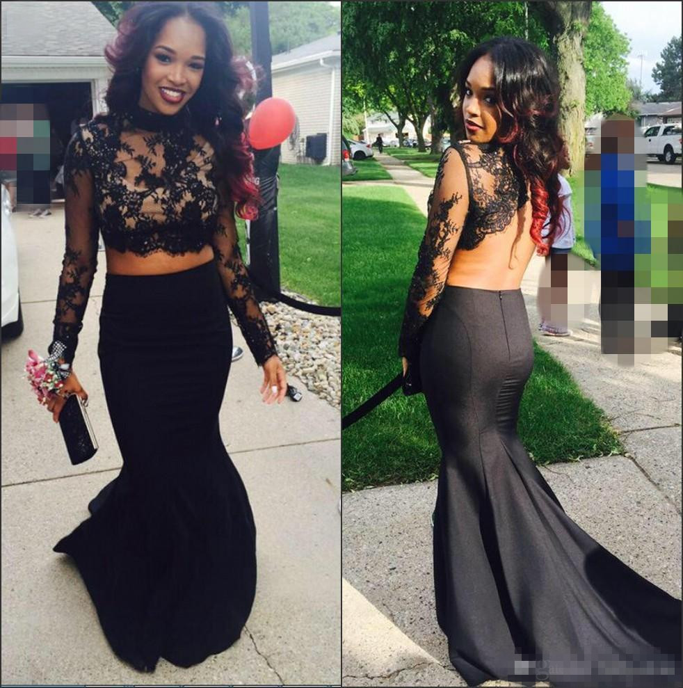 Hot Sale Two Pieces Mermaid Prom Dresses For Black Girl 2019 Sexy Backless Sheer Neck Lace Plus Size Evening Event Gowns Occasion Wears
