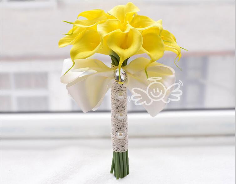 

Calla Lily Bridal Bouquets Yellow and White Two Colors on Sale Wedding Flowers Bridesmaid Bouquet with Lace Charming Flower Decorations
