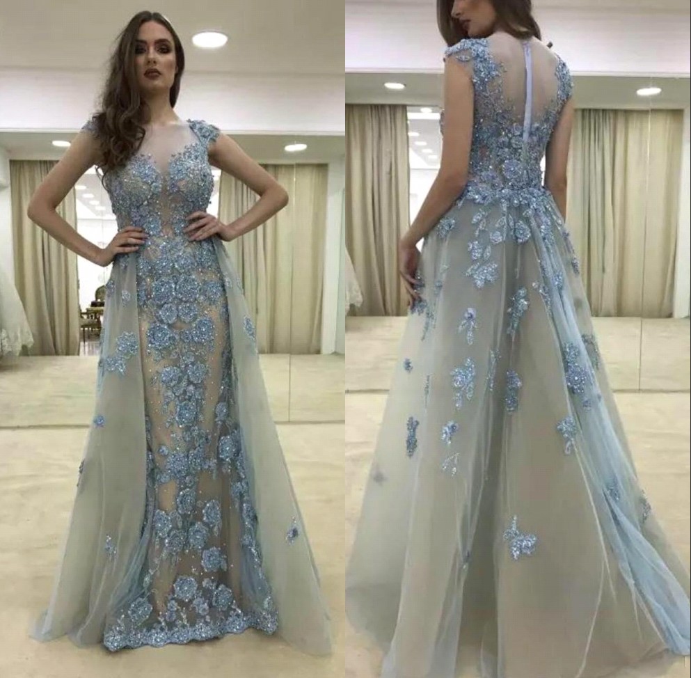 

2018 Sexy Lace Capped Sleeve Mermaid Prom Dress Detachable Removable Skirt Floral Beads Long Evening Gowns, Ivory