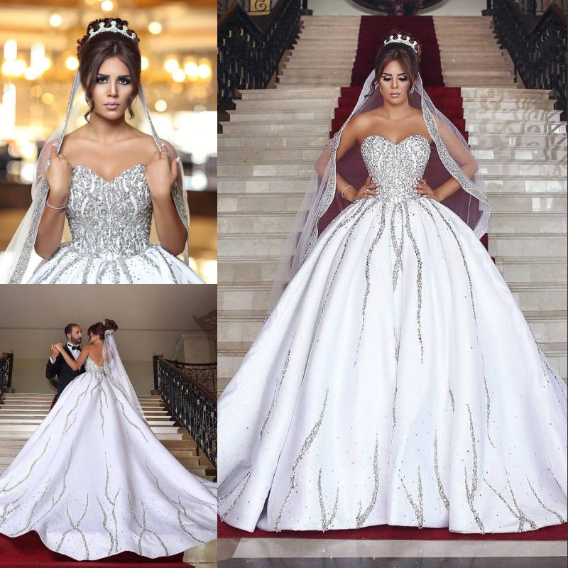 

High Quality Sequined Ball Gown Wedding Dresses Sweetheart Neckline Backless Bridal Dress Cathedral Custom Made Beaded Wedding Gowns, Red