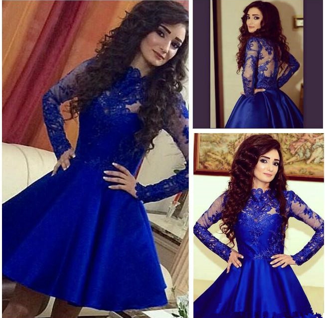

Vestido De Festa Long Sleeve Royal Blue Short Prom Dresses High Neck Vintage A Line Appliques Cocktail Party Dresses Formal Homecoming