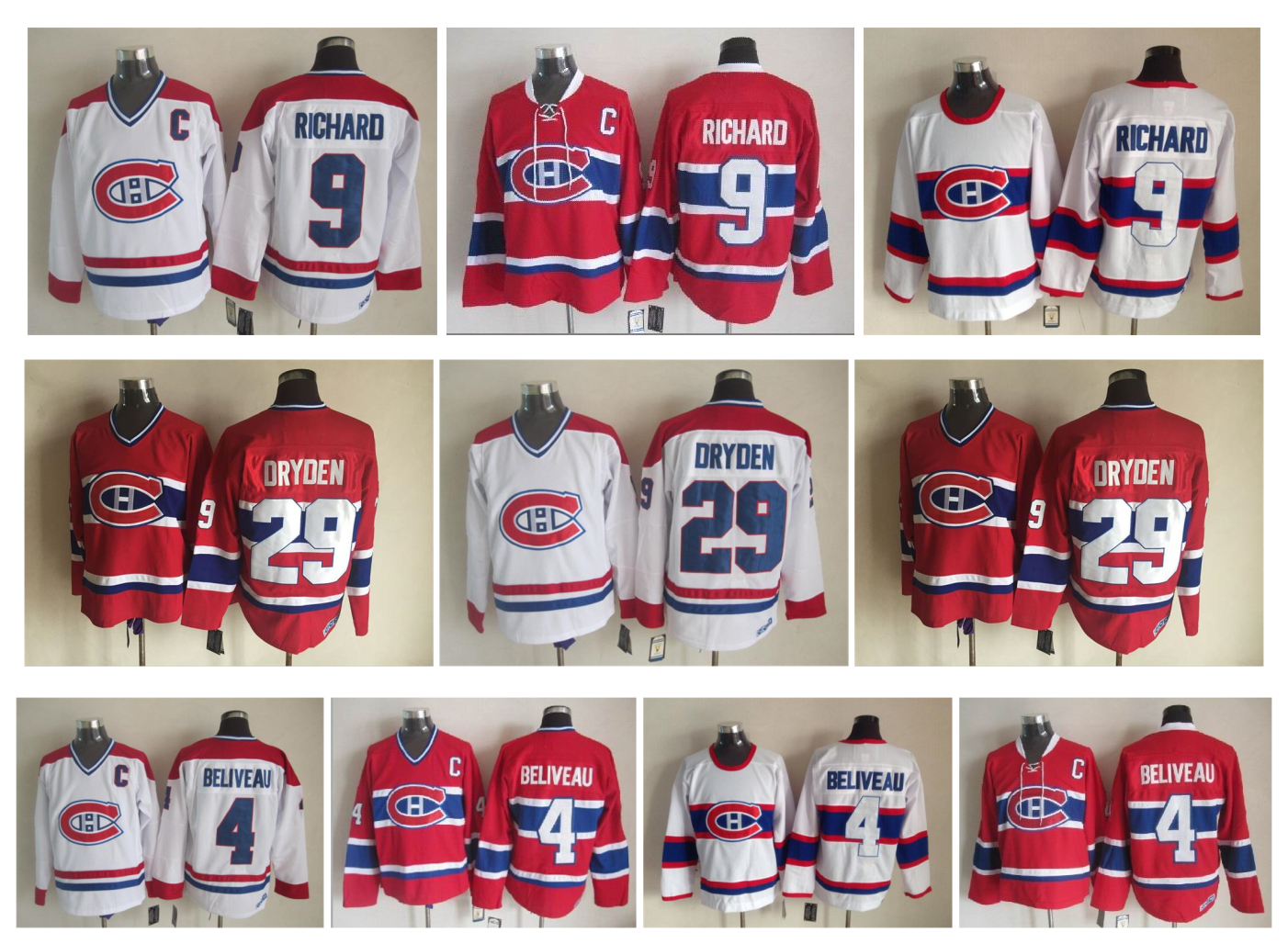 

Retro Montreal Canadiens Hockey Jersey 4 Jean Beliveau 9 Maurice Richard 29 Ken Dryden Vintage CCM Authentic Stitched Jerseys, As pic
