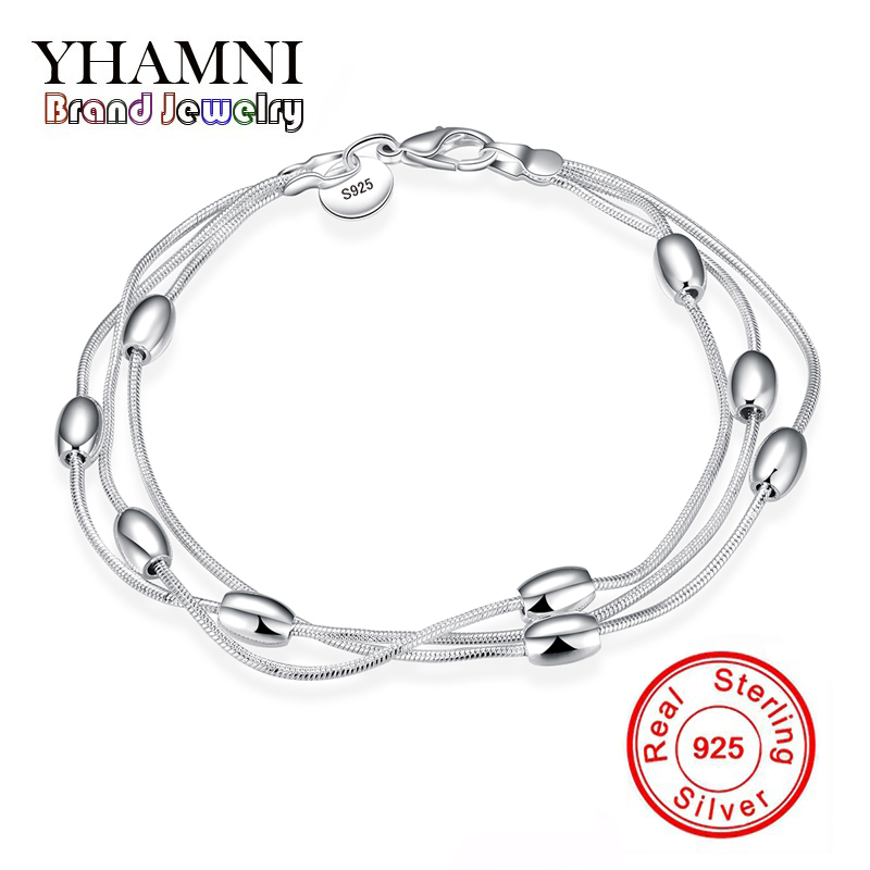 

YHAMNI Fashion Three Lines Beads charm bracelet Pure 925 Silver Luxury Jewelry Gloss Bracelet Ball H236, Golden;silver