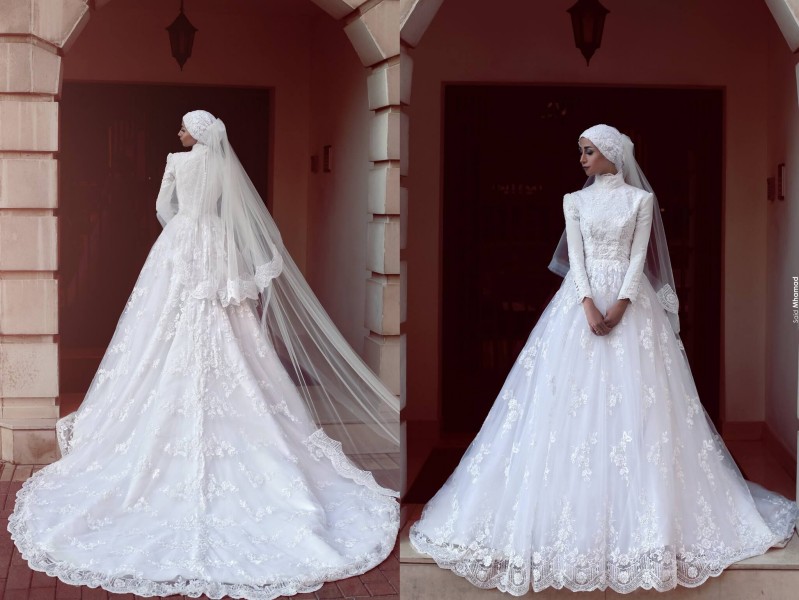 Modest Gold Hochzeitskleid Spitze Langarm Muslimischen Brautkleid
