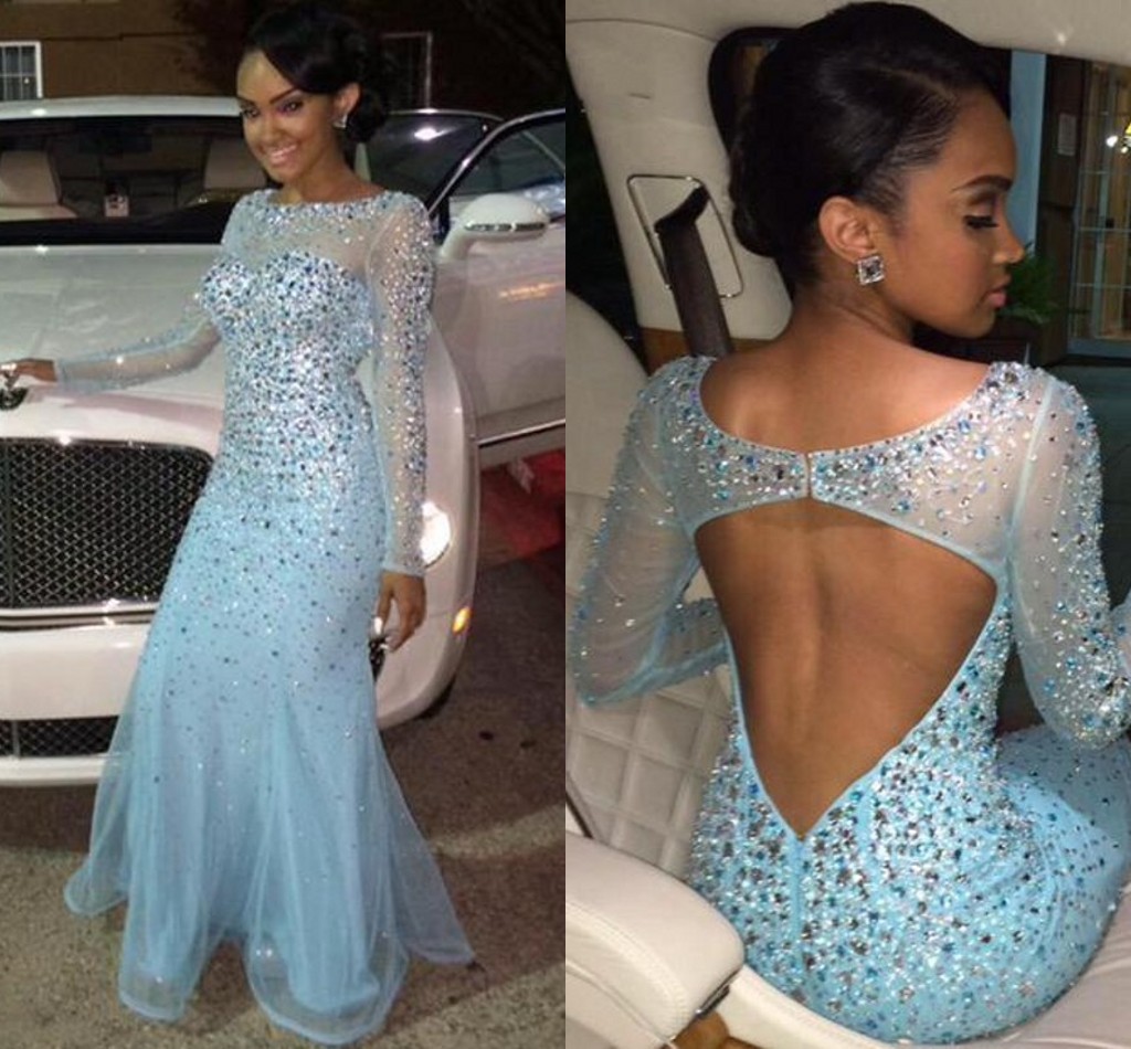 

Amazing Crsytal Beaded Mermaid Prom Dresses 2016 Vestidos de Festa Tulle Light Sky Blue Long Sleeve Formal Party Evening Gowns, Light purple